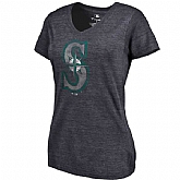 Women's Seattle Mariners Fanatics Branded Primary Distressed Team Tri Blend V Neck T-Shirt Heathered Navy FengYun